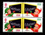 США • Рождественские этикетки 1958 г. • эльфы • кв. блок • MNH OG VF