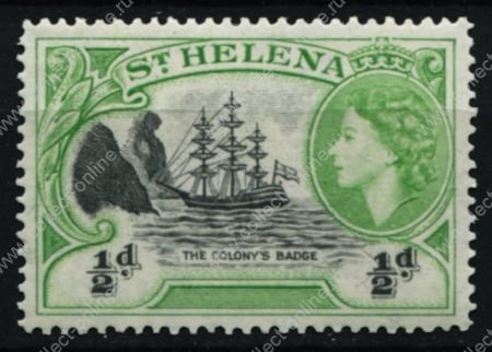Святой Елены о-в 1953-1959 гг. • Gb# 153 • ½ d. • Елизавета II основной выпуск • фрегат в бухте острова • MLH OG XF