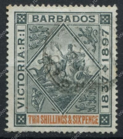 Барбадос 1897-1898 гг. • GB# 124 • 2s.6d. • 60-летний юбилей правления • "Правь Британия!" • Used VF ( кат. - £60.00 )