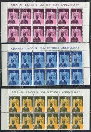 Гана 1959 г. • SC# 39-41 • 2½ d. - 2s.6d. • Авраам Линкольн (150 лет со дня рождения) • полн. серия • блоки 10 м. • MNH OG XF+