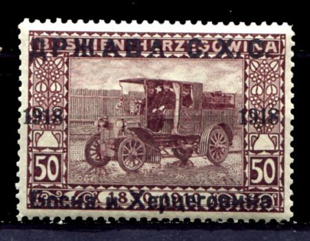 Югославия • Босния и Герцеговина 1918 г. • SC# 1L9 • 50 h. • надпечатка на марке 1910 г. • автомобиль • MNH OG VF