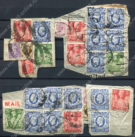 Великобритания 1939-48 гг. • 2s.6.d., 5 и 10 sh. • 20+ марок на вырезках • Used F-VF (кат. - £75+)