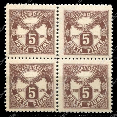 Фиуме 1919 г. • SC# J14 • 5 c. • орел • служебный выпуск • кв.блок • MNH OG XF ( кат.- $20+ )