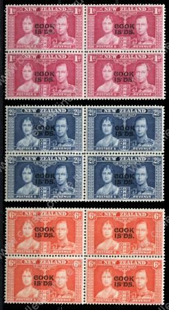 Кука о-ва 1937 г. Gb# 124-6 • Коронация Георга VI • 1d. - 6d. • надпечатки • MNH OG XF • полн. серия • кв. блоки