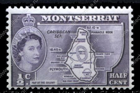 Монтсеррат 1953-1962 гг. • Gb# 136b • ½ c. • Елизавета II основной выпуск • карта острова (тип II - "colony") • MNH OG VF