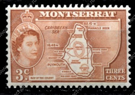 Монтсеррат 1953-1962 гг. • Gb# 139a • 3 c. • Елизавета II основной выпуск • карта острова (тип II - "colony") • MNH OG VF
