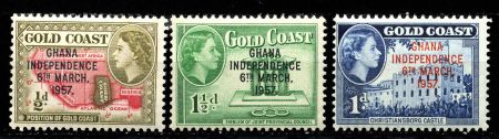 Гана 1957 г. • Gb# 170-2 • ½ - 1½ d. • Независимость • надп. на м. Голд Кост • 3 марки • MNH OG VF