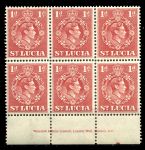 Сент-Люсия 1938-1948 гг. • Gb# 129bc • 1 d. • Георг VI • перф: 14½ • стандарт • блок 6 марок • MNH OG XF+