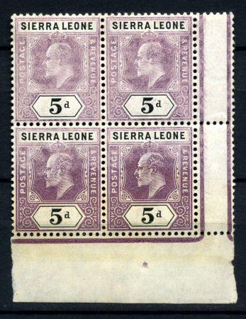 Сьерра-Леоне 1904-1905 гг. • Gb# 93 • 5 d. • Эдуард VII • стандарт • кв. блок • MLH/NH OG XF ( кат.- £80+ ) 