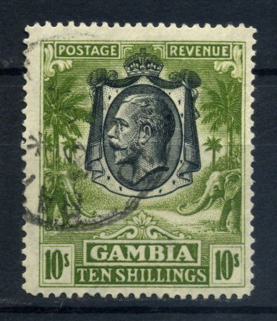 Гамбия 1922-1929 гг. • Gb# 142 • 10 sh. • Георг V • осн. выпуск • слоны • Used VF ( кат. - £140 )