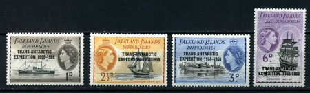 Фолклендские зависимые территории 1956 г. • Gb# G41-4 • 1 - 6 d. • Антарктическая экспедиция 1955-1958 гг • надпечатки • полн. серия • MNH OG VF