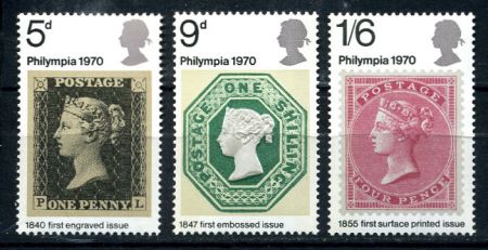 Великобритания 1970 г. • Gb# 835-7 • 5,9 p. и 1s.6p. • Филателистическая выставка в Лондоне "Филимпия-70" • старинные английские марки • полн. серия • MNH OG XF