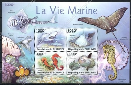 Бурунди 2011 г. • SC# • 1000+1020+3000+3000 fr. • Морская фауна • блок • MNH OG VF