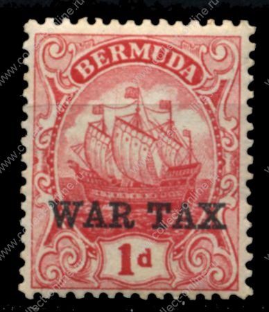 Бермуды 1920 г. • Gb# 58 • 1 d. • парусник • надп. "WAR TAX" • стандарт • MH OG VF ( кат. - £3 )