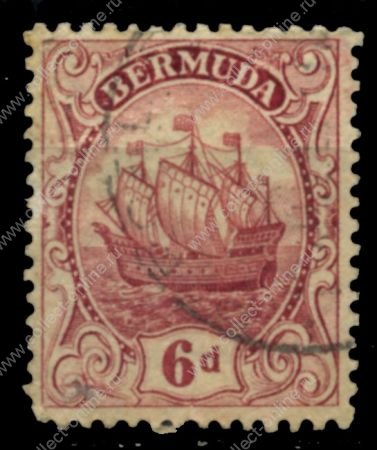 Бермуды 1906-1925 гг. • Gb# 50a • 6 d. • парусник • светло-бордовая • стандарт • Used VF ( кат. - £10 )
