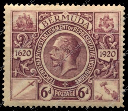 Бермуды 1921 г. • Gb# 72 • 6 d. • 300-летие губернаторства на островах • Георг V • MH OG VF ( кат. - £20 )