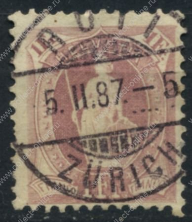 Швейцария 1882-1904 гг. • SC# 87 • 1 fr. • "Швейцария" со щитом • перф. - 11½:11 • стандарт • Used XF+ ( кат. - $7 )