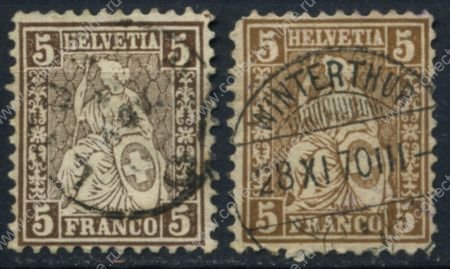 Швейцария 1862-1864 гг. • SC# 43,43a • 5 r. • сидящая "Швейцария" (простая бум.) • стандарт • Used VF ( кат. - $10 )