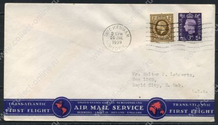 Великобритания 1939 г. • GB# 467,449 • 3 d. и 1 sh. • 1-й трансатлантический почтовый авиамаршрут • авиапочта • Used XF