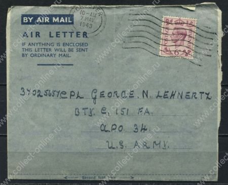 Великобритания 1943 г. • GB# 470 • 6 d. • на конверте-письме в воинскую часть армии США • авиапочта • Used VF