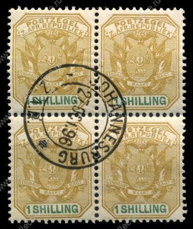 Трансвааль 1896-97 гг. Gb# 223(Sc# 173) • 1 sh. • герб колонии • Used(ФГ) XF • кв.блок ( кат.- £5 )