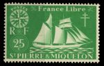 Сен-Пьер и Микелон 1942 г. • Iv# 298 • 25 c. • "Свободная Франция" • парусник • MNH OG XF