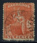 Барбадос 1872 г. • GB# 53 • 6d. • "Британия" • (оранжевая) • Used VF ( кат. - £85.00)