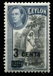 Цейлон 1940-1941 гг. • Gb# 399 • 3 c. на 20 c. • Георг VI • основной выпуск • надпечатка нов. номинала • MNH OG F-VF ( кат. - £6.50 )