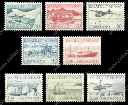 Гренландия 1971-1977 гг. • SC# 78-85 • 50 o. - 2 kr. • Развитие почтового транспорта • полн. серия ( 8 марок ) • MNH OG XF