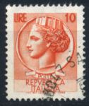 Италия 1955-58 гг. SC# 676 • 10 L. • "Италия", аверс древней монеты Сиракуз • стандарт • Used F - VF