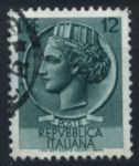 Италия 1955-58 гг. SC# 677 • 12 L. • "Италия", аверс древней монеты Сиракуз • стандарт • Used F - VF