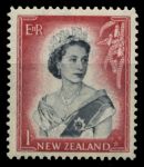 Новая Зеландия 1953-59 гг. • Gb# 732 • 1 sh. • Елизавета II • портрет с перевязью • стандарт • MLH OG XF