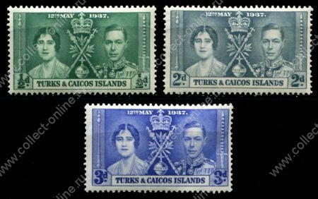 Теркс и Кайкос 1935 г. • Gb# 191-3 • ½ - 3 d. • Коронация Георга VI • полн. серия • MNH OG VF