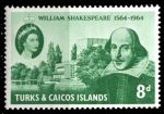 Теркс и Кайкос 1964 г. • Gb# 257 • 8 d. • Уильям Шекспир • 400 лет со дня рождения • MNH OG XF