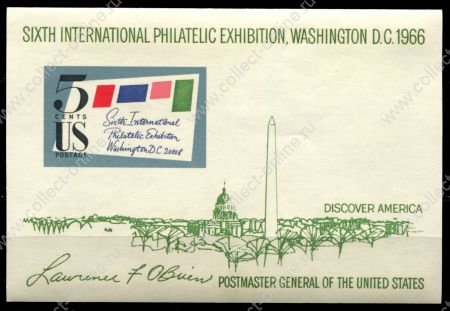 США 1966 г. • SC# 1311 • 5 c. • 6-я Международная филателистическая выставка, Вашингтон • блок • MNH OG XF