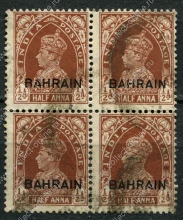 Бахрейн 1938-1941 гг. • Gb# 21 • ½ a. • Георг VI • надп. на м. Индии • стандарт • кв. блок • Used VF