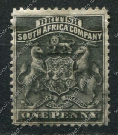 Родезия 1892-1893 гг. • Gb# 1 • 1 d. • герб колонии • Used F-VF ( кат.- £ 4,25 )
