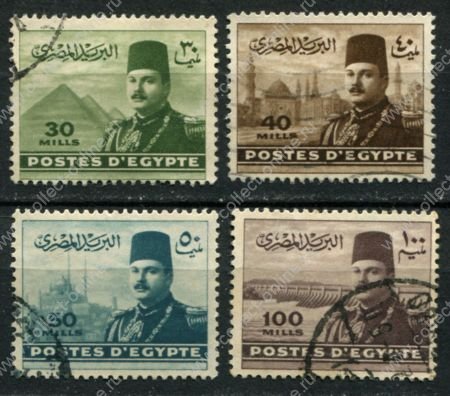 Египет 1947-1951 гг. • SC# 267-269A • 30 - 100 m. • король Фарук(на фоне достопримечательностей) • стандарт ( 4 марки ) • Used VF