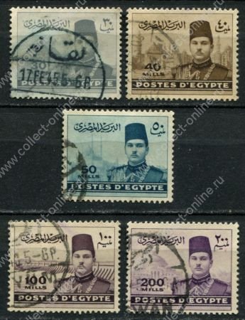 Египет 1939-1946 гг. • SC# 234..8 • 30 - 200 m. • король Фарук(на фоне достопримечательностей) • стандарт • 5 марок • Used VF