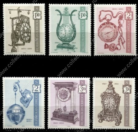 Австрия 1970 г. • Mi# 1328-30,1344-6 • 1.50 - 3.50 s. • старинные часы • полн. серия • MNH OG VF