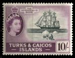Теркс и Кайкос 1957 г. • Gb# 250 • 10 sh. • Елизавета II • основной выпуск • фрегат • MLH OG XF ( кат. - £30- )