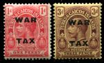 Теркс и Кайкос 1918 г. • Gb# 146-7 • 1 и 3 d. • военный налог • надпечатка • "WAR TAX" • фискальный выпуск • полн. серия • MLH OG XF ( кат.- £ 8,5 )