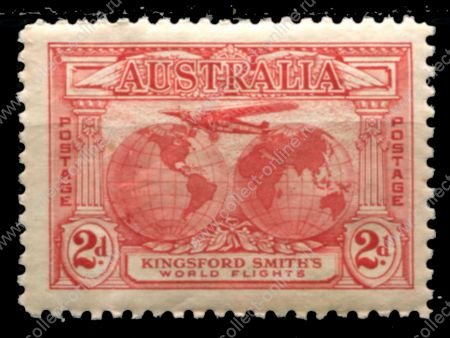 Австралия 1934 г. • Gb# 121 • 2 d. • Перелёт Чарльза Кингсфорд-Смита • аэроплан над картой • MNH OG VF