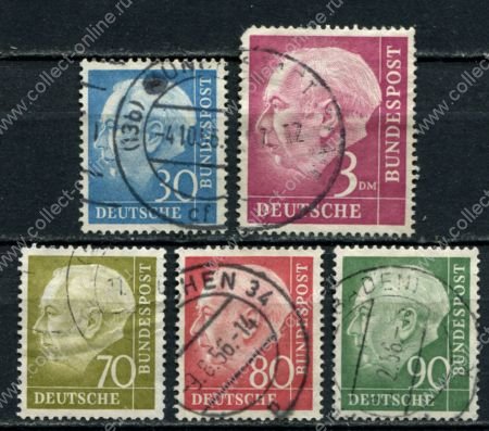Германия • ФРГ 1954-1961 гг. • Mi# 187..196 • 30,70,80,90 pf. и 3 DM • Президент Теодор Хойс • стандарт ( 5 марок ) • Used F-VF ( кат.- € 21 )