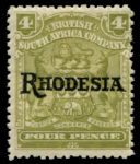 Родезия 1909-1912 гг. • Gb# 105 • 4 d. • герб колонии • надпечатка • "Rhodesia" • стандарт • MH OG XF ( кат.- £ 19 )