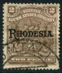 Родезия 1909-1912 гг. • Gb# 102 • 2 d. • герб колонии • надпечатка • "Rhodesia." • стандарт • Used XF ( кат.- £ 11 )