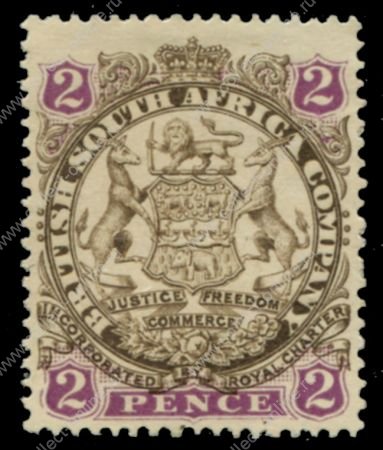 Родезия 1896-1897 гг. • Gb# 30 • 2 d. • 1-й выпуск (с точкой у хвоста) • герб колонии • Mint NG VF ( кат.- £ 45 )