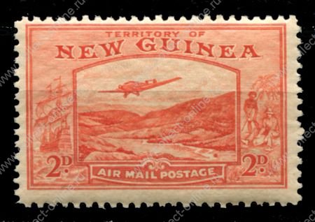 Новая Гвинея 1939 г. • Gb# 215 • 2 d. • самолет над долиной реки, фрегат • авиапочта • MNH OG VF ( кат.- £ 9.50 )