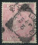 Великобритания 1883-1884 гг. • GB# 180 • 5 sh. • Королева Виктория • розовая • Used(перфин) VF- ( кат.- £250 )
