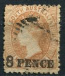 Южная Австралия 1876-1900 гг. • GB# 118• 8 на 9 d. • Королева Виктория • надп. нов. номинала • стандарт • Used VF- ( кат. - £9 )